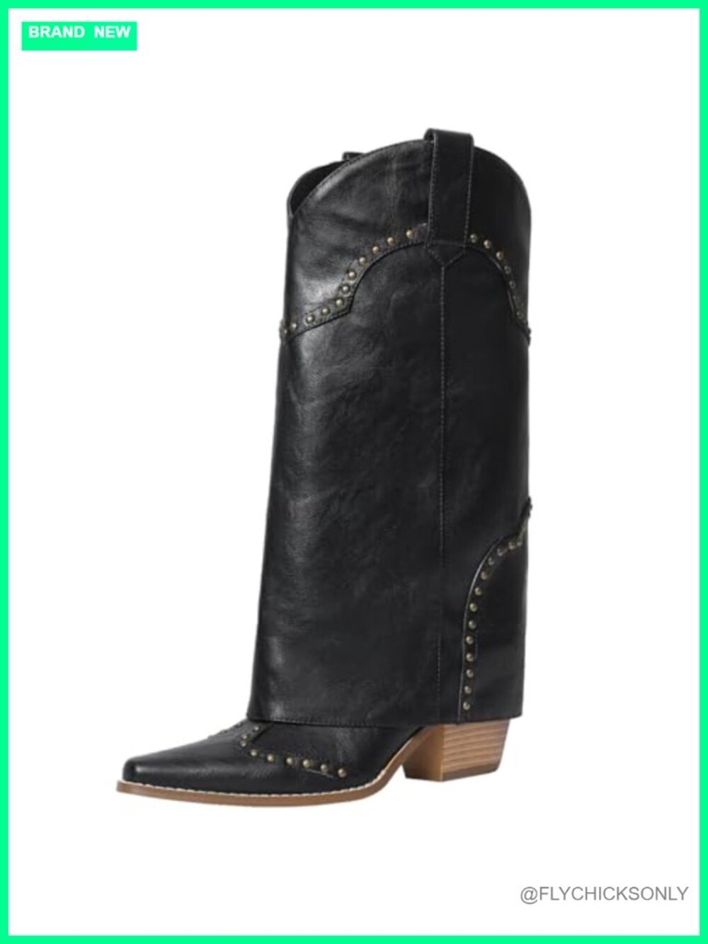 Fold Over Knee High Cowboy Boots Faux Leather Block Heel Pull-On